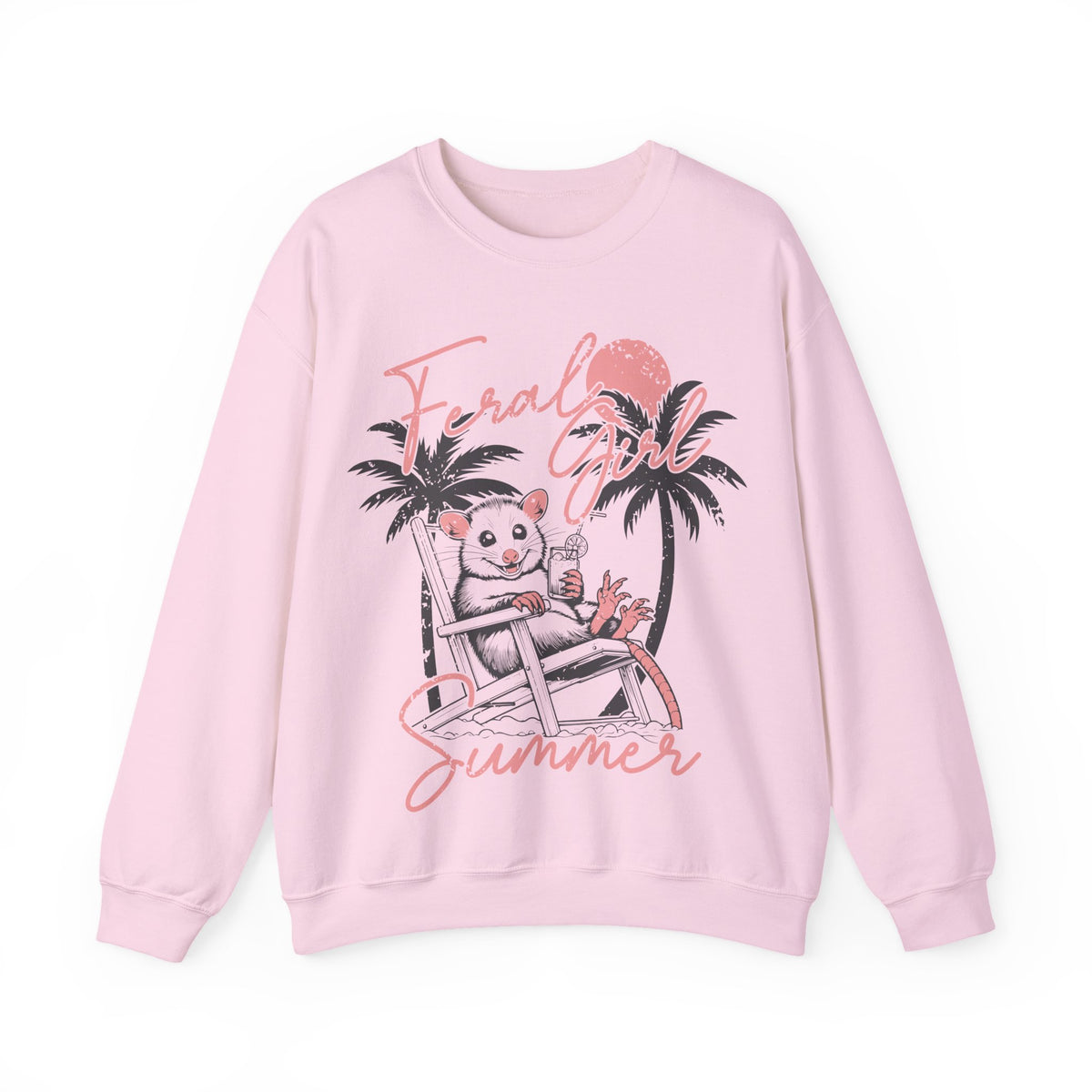 Feral Girl Summer, Possum on a Beach – Gildan Heavy Blend | Trendy Women’s Soft Sweatshirt. Direct to Garment. Printed & Shipped in the USA. Unisex Sizes.