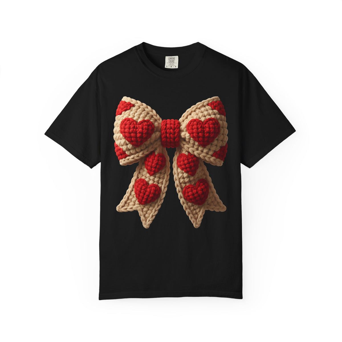 Faux Crochet Valentine Bow - Comfort Colors | Trendy Women's T-Shirt. Direct to Garment. Printed & Shipped in the USA. Unisex Sizes.