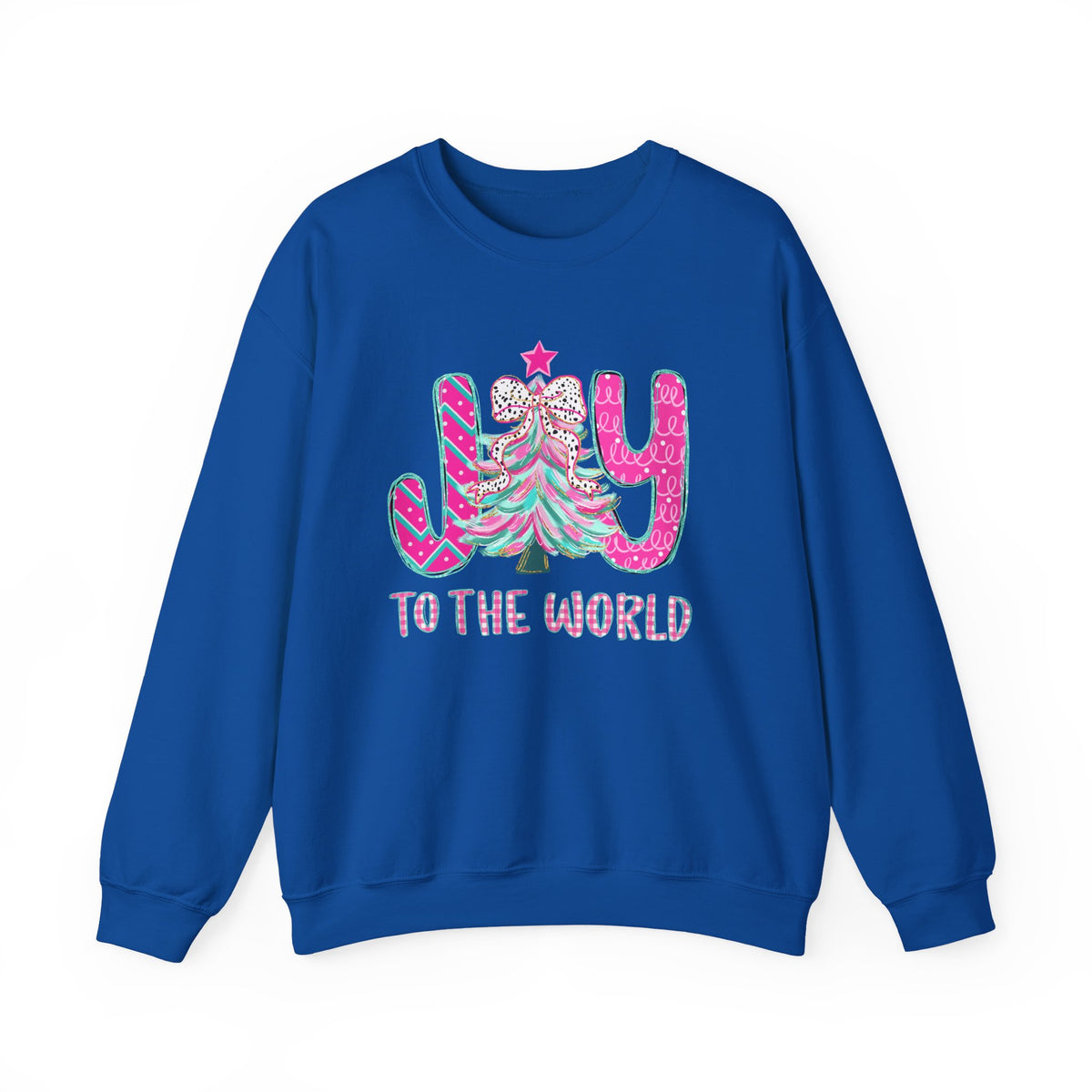 Joy to the World w/Christmas Tree Pink and Teal – Gildan Heavy Blend | Trendy Women’s Soft Sweatshirt. Direct to Garment. Printed & Shipped in the USA. Unisex Sizes.
