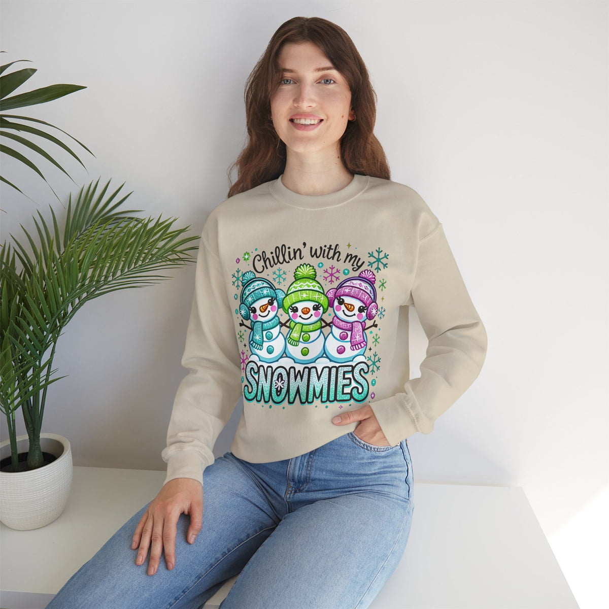 Chillin' With My Snowmies, Winter Snowman – Gildan Heavy Blend | Trendy Women’s Soft Sweatshirt. Direct to Garment. Printed & Shipped in the USA. Unisex Sizes.