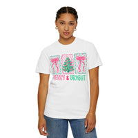 Merry & Bright Christmas — Pink & Green Holiday Tree Design - Comfort Colors | Trendy Women's T-Shirt. Direct to Garment. Printed & Shipped in the USA. Unisex Sizes.