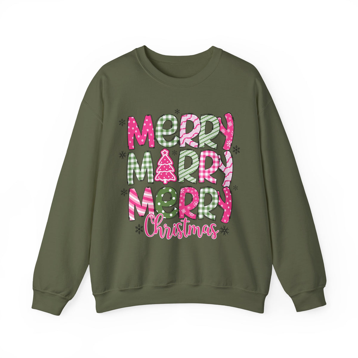 Merry Merry Merry Christmas Festive Candy Cane - Pink and Green – Gildan Heavy Blend | Trendy Women’s Soft Sweatshirt. Direct to Garment. Printed & Shipped in the USA. Unisex Sizes.