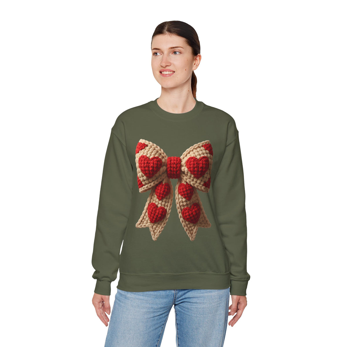 Faux Crochet Valentine Bow – Gildan Heavy Blend | Trendy Women’s Soft Sweatshirt. Direct to Garment. Printed & Shipped in the USA. Unisex Sizes.