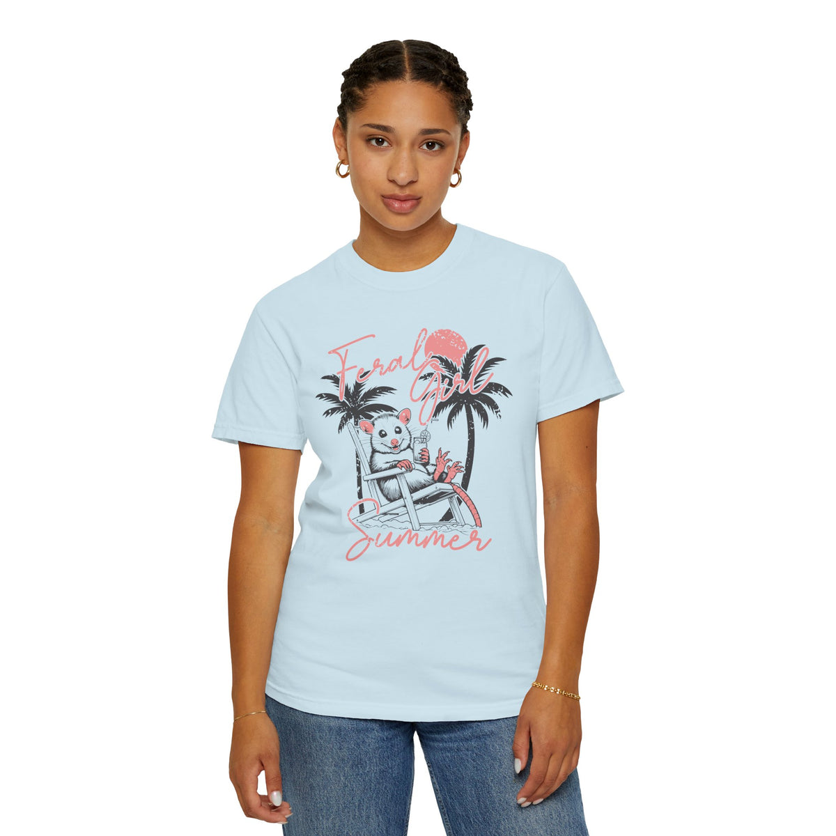 Feral Girl Summer, Possum on a Beach - Comfort Colors | Trendy Women's T-Shirt. Direct to Garment. Printed & Shipped in the USA. Unisex Sizes.