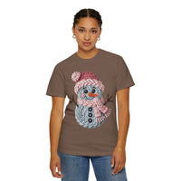 Cute Yarn Snowman - Pink Scarf - Comfort Colors | Trendy Women's T-Shirt. Direct to Garment. Printed & Shipped in the USA. Unisex Sizes.