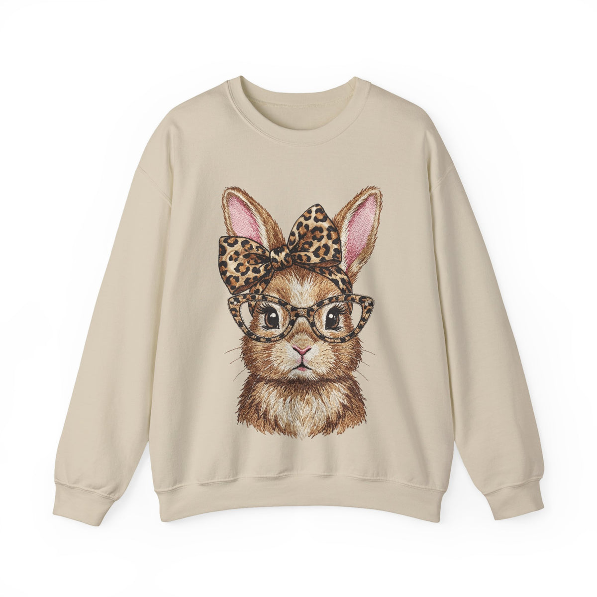 Bunny with Leopard Glasses and Bow – Gildan Heavy Blend | Trendy Women’s Soft Sweatshirt. Direct to Garment. Printed & Shipped in the USA. Unisex Sizes.