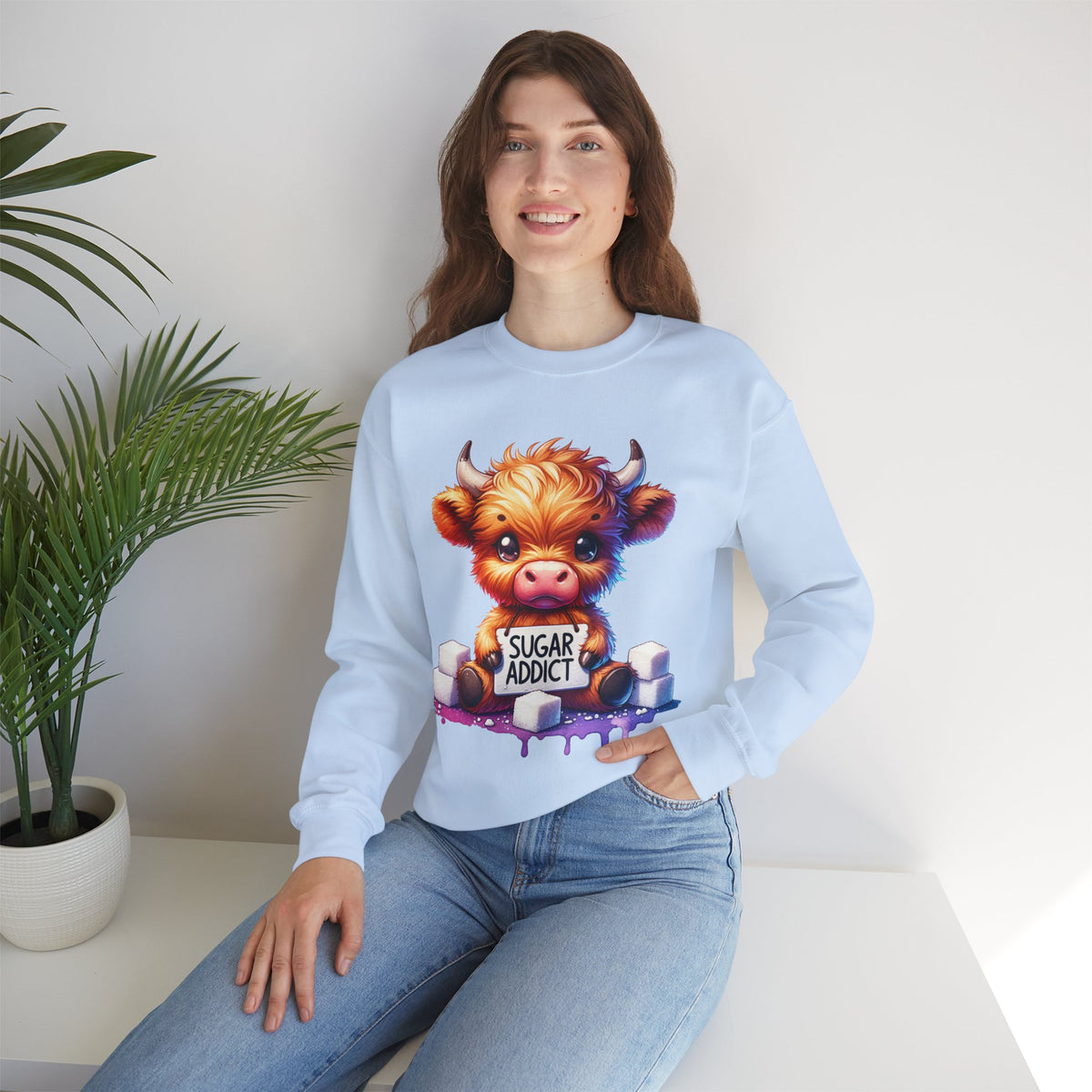 Sugar Addict Highland Cow – Gildan Heavy Blend | Trendy Women’s Soft Sweatshirt. Direct to Garment. Printed & Shipped in the USA. Unisex Sizes.