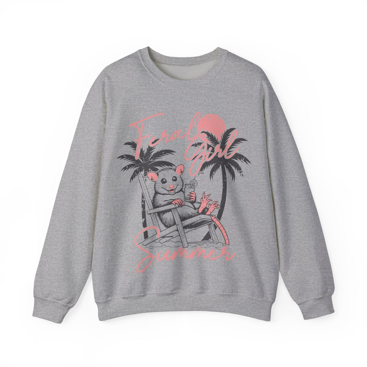Feral Girl Summer, Possum on a Beach – Gildan Heavy Blend | Trendy Women’s Soft Sweatshirt. Direct to Garment. Printed & Shipped in the USA. Unisex Sizes.