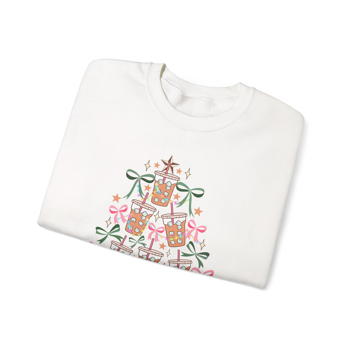 Merry and Caffeinated Iced Coffee Christmas Tree – Gildan Heavy Blend | Trendy Women’s Soft Sweatshirt. Direct to Garment. Printed & Shipped in the USA. Unisex Sizes.