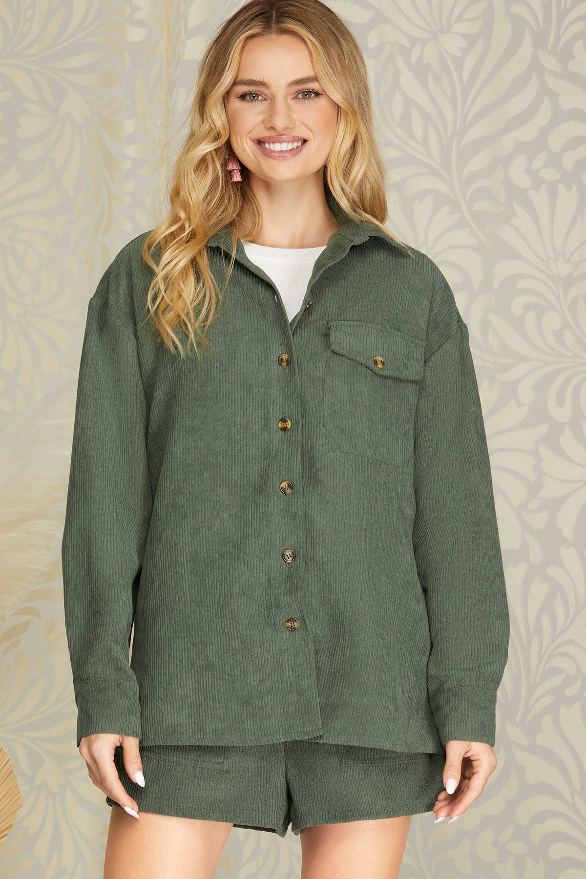 Corduroy (Green) Shorts with Elastic Waist & Pockets