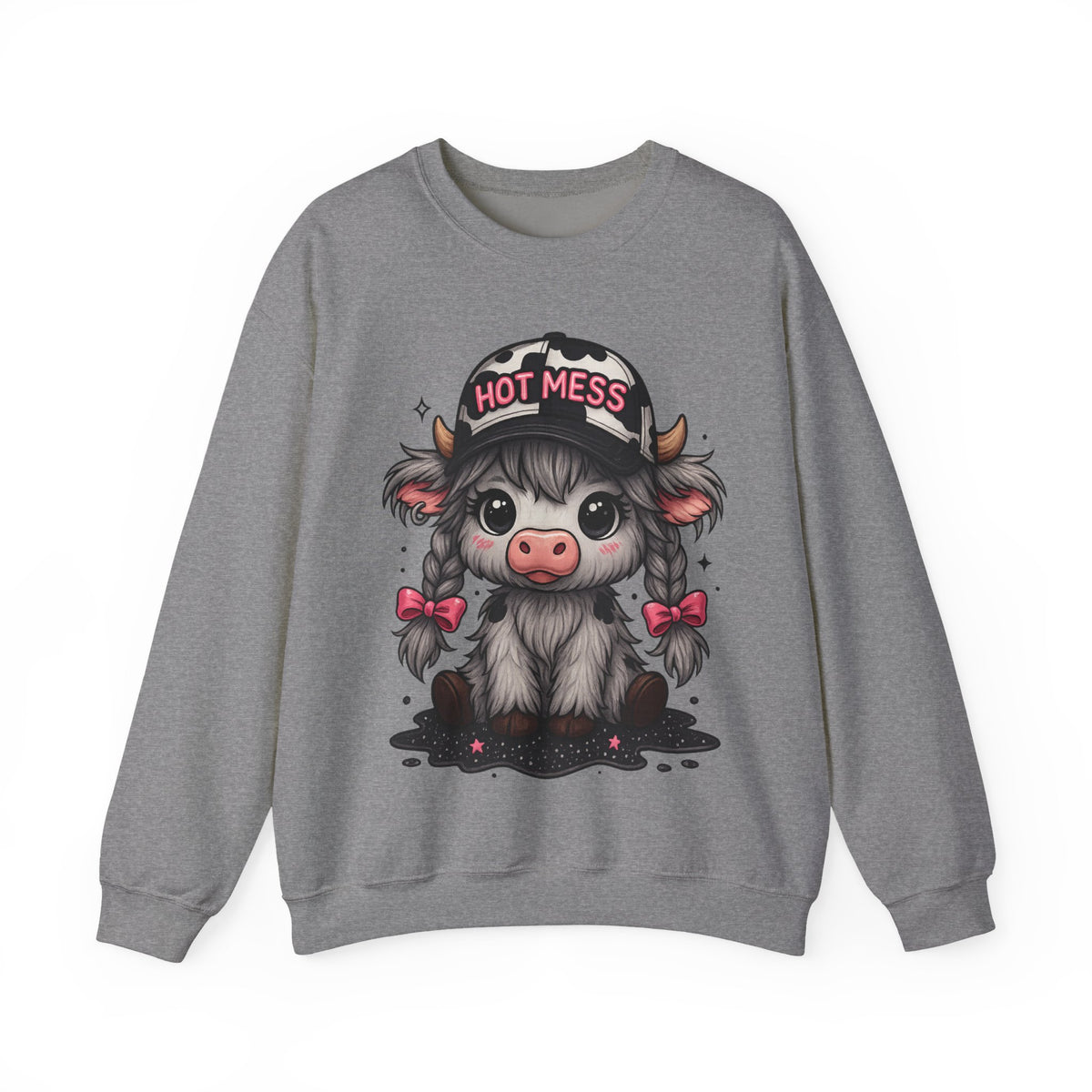 Cute Highland Cow 'Hot Mess' In Braids – Gildan Heavy Blend | Trendy Women’s Soft Sweatshirt. Direct to Garment. Printed & Shipped in the USA. Unisex Sizes.