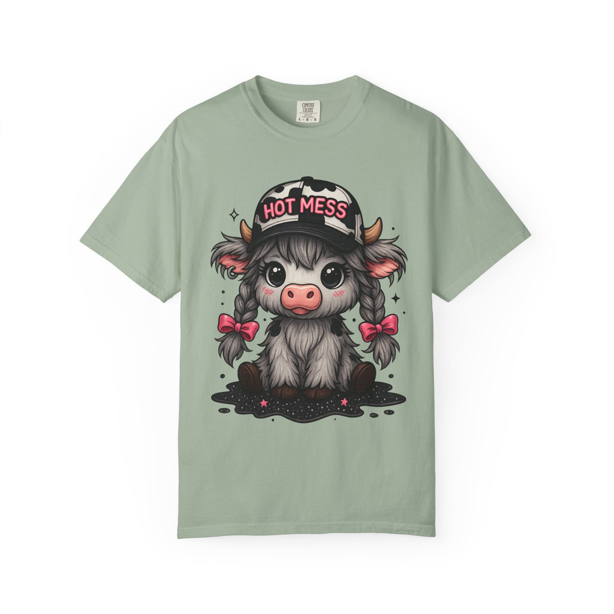 Cute Highland Cow 'Hot Mess' In Braids  - Comfort Colors | Trendy Women's T-Shirt. Direct to Garment. Printed & Shipped in the USA. Unisex Sizes.