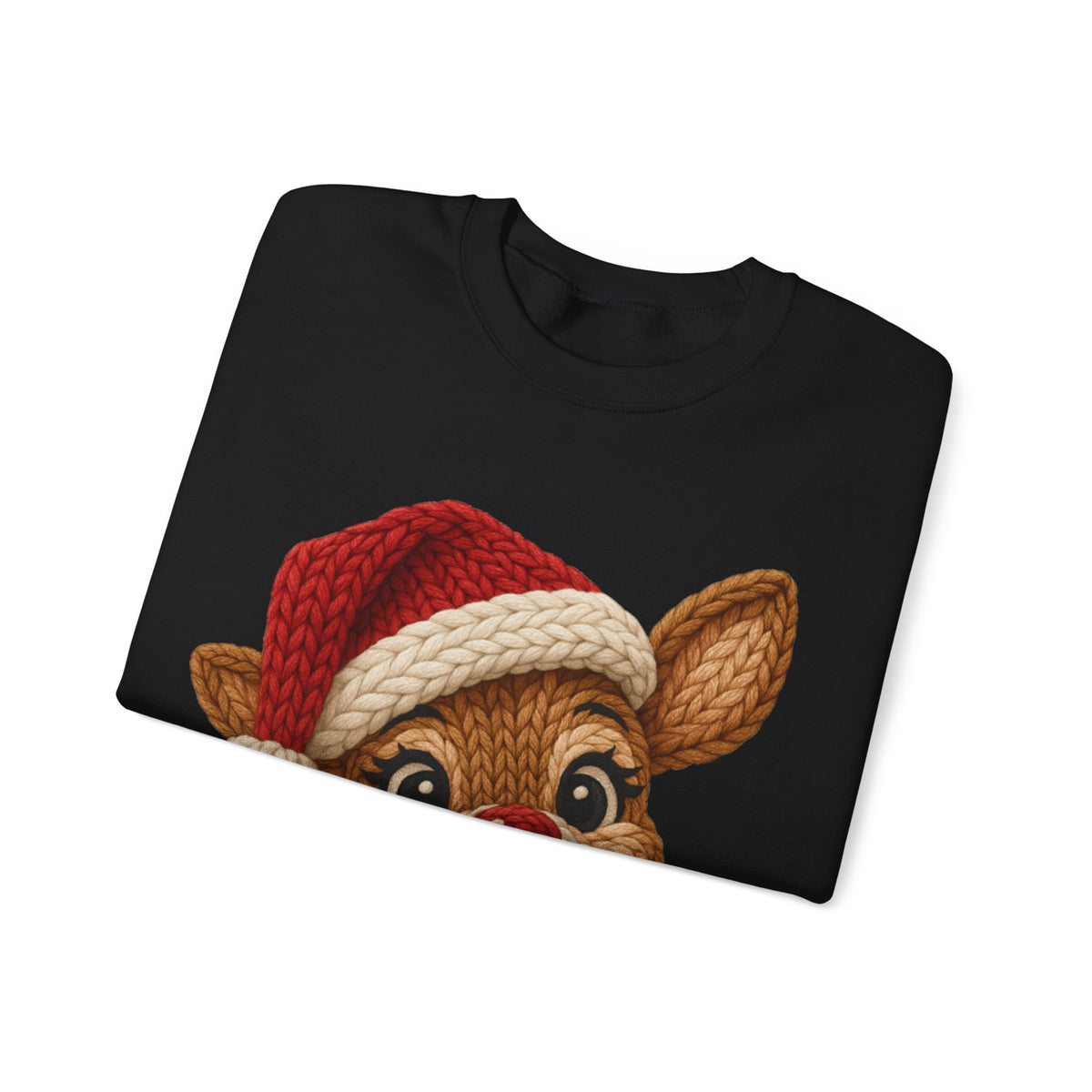 Cute Rudolph Faux Knit Look Reindeer w/Santa Hat – Gildan Heavy Blend | Trendy Women’s Soft Sweatshirt. Direct to Garment. Printed & Shipped in the USA. Unisex Sizes.