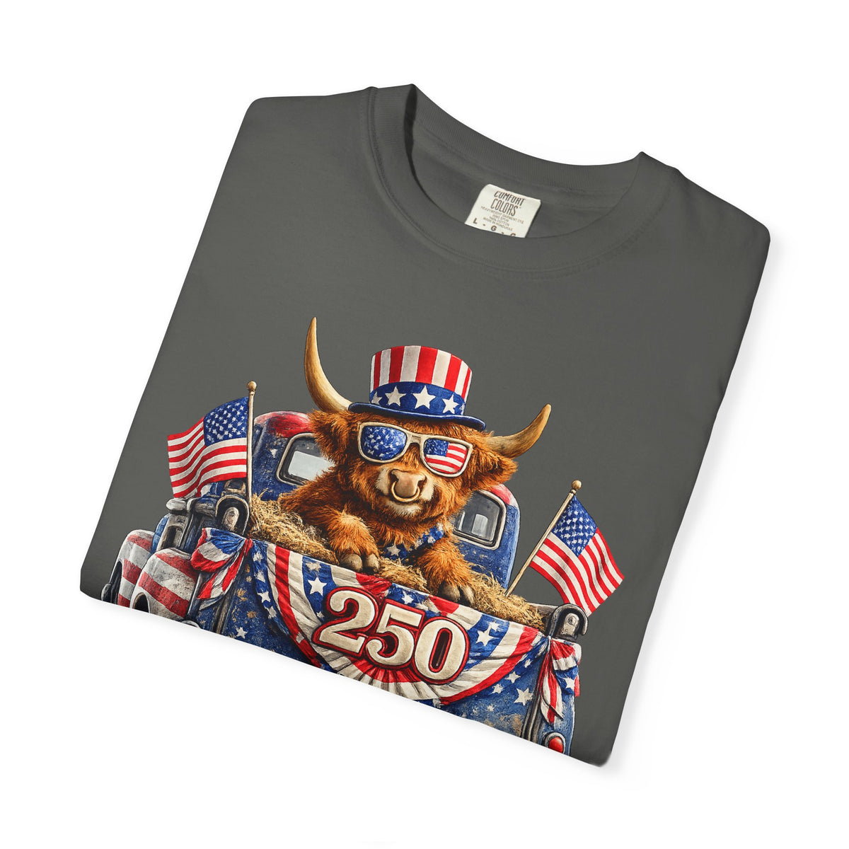 Patriotic Highland, America's 250th Birthday - Comfort Colors | Trendy Women's and Men's T-Shirt. Direct to Garment. Printed & Shipped in the USA. Unisex Sizes.