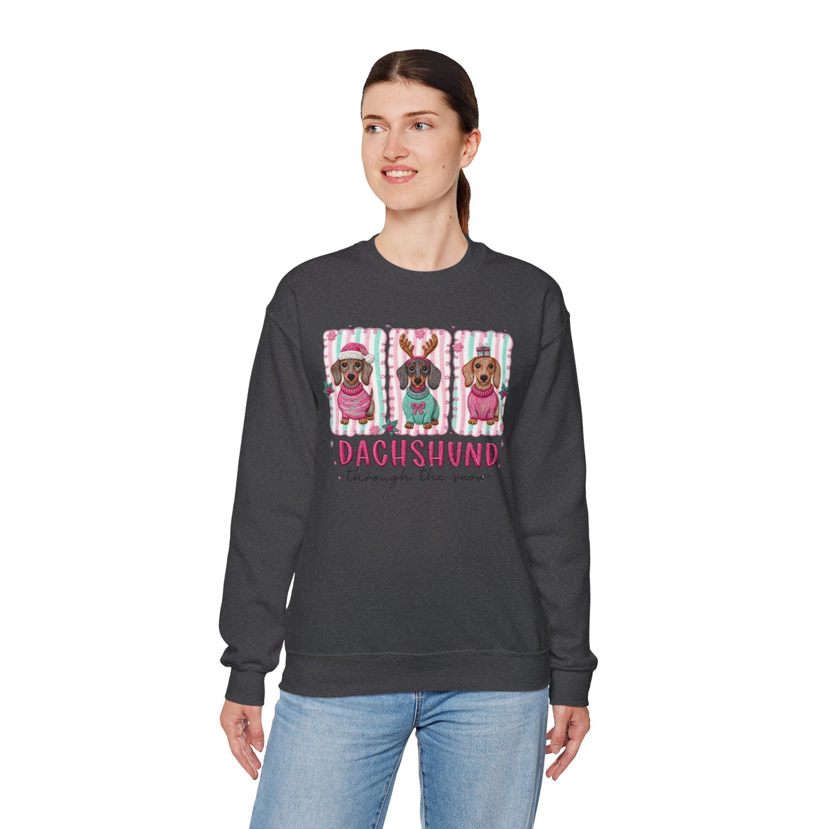 Dachshund Through the Snow – Gildan Heavy Blend | Trendy Women’s Soft Sweatshirt. Direct to Garment. Printed & Shipped in the USA. Unisex Sizes.
