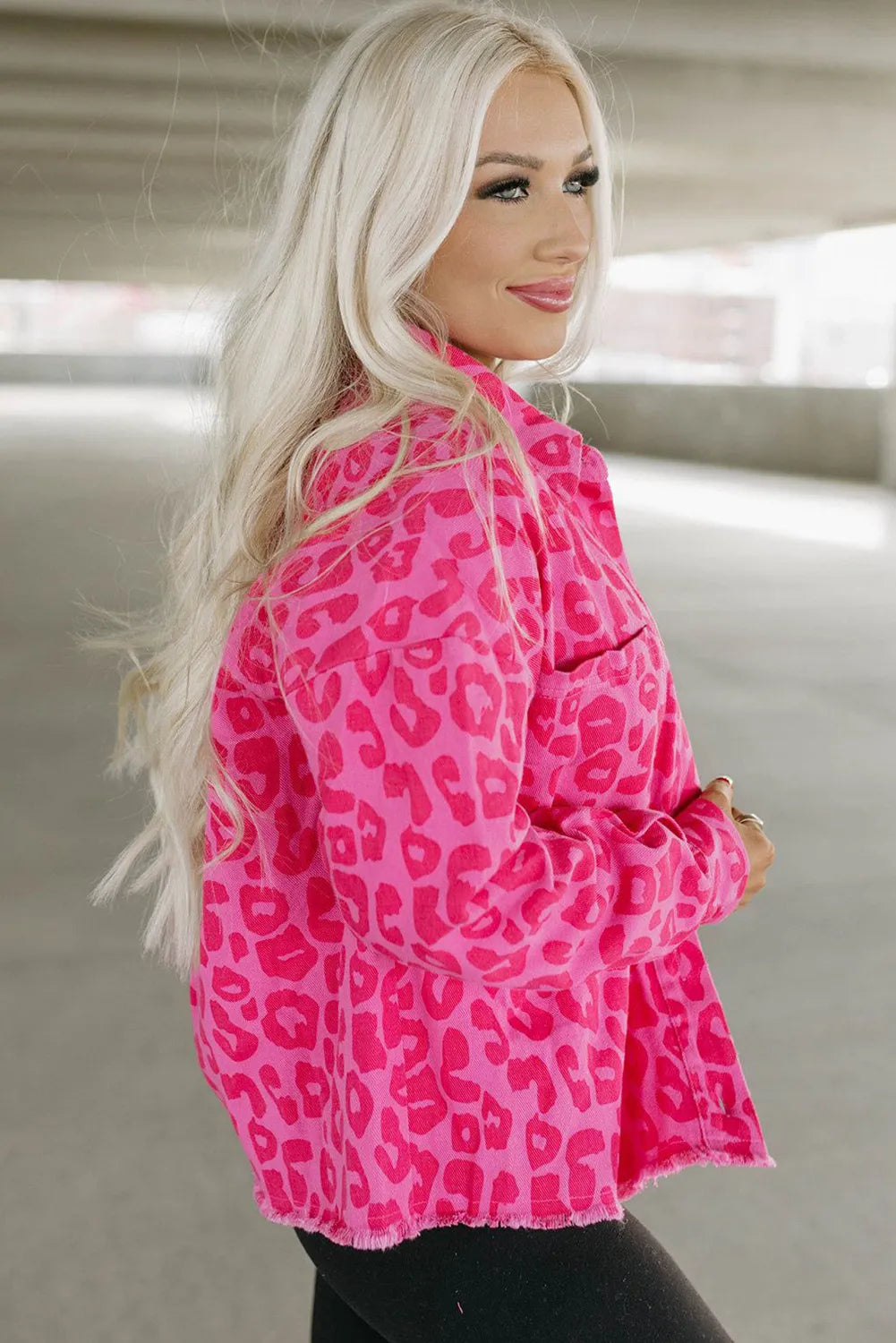 Vibrant Pink Leopard Print Lightweight Jean Jacket with Raw Hem