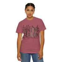 Hello Hunting Season Goodbye Husband Camouflage Wife - Comfort Colors | Trendy Women's T-Shirt. Direct to Garment. Printed & Shipped in the USA. Unisex Sizes.