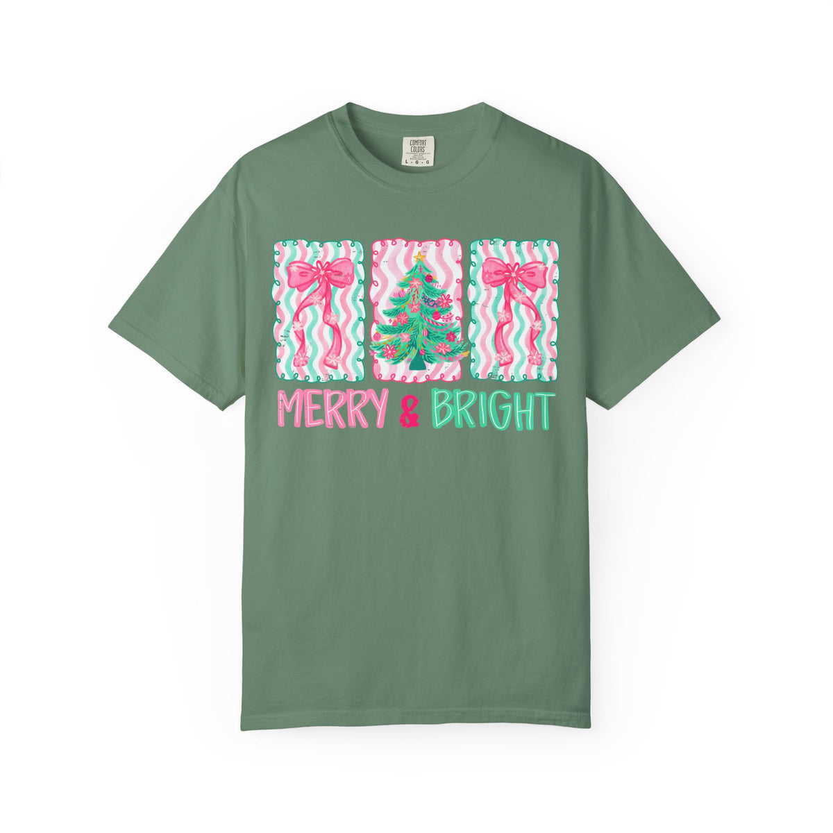 Merry & Bright Christmas — Pink & Green Holiday Tree Design - Comfort Colors | Trendy Women's T-Shirt. Direct to Garment. Printed & Shipped in the USA. Unisex Sizes.
