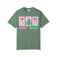 Merry & Bright Christmas — Pink & Green Holiday Tree Design - Comfort Colors | Trendy Women's T-Shirt. Direct to Garment. Printed & Shipped in the USA. Unisex Sizes.