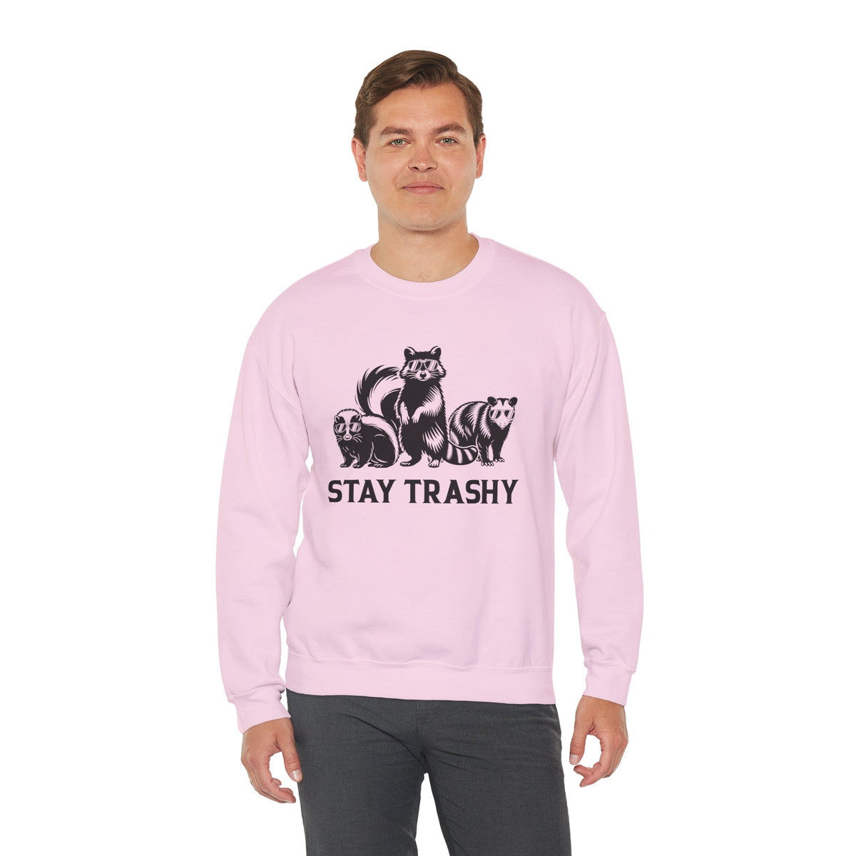 Stay Trashy, Skunk Raccoon Possum – Gildan Heavy Blend | Trendy Women’s and Men's Soft Sweatshirt. Direct to Garment. Printed & Shipped in the USA. Unisex Sizes.