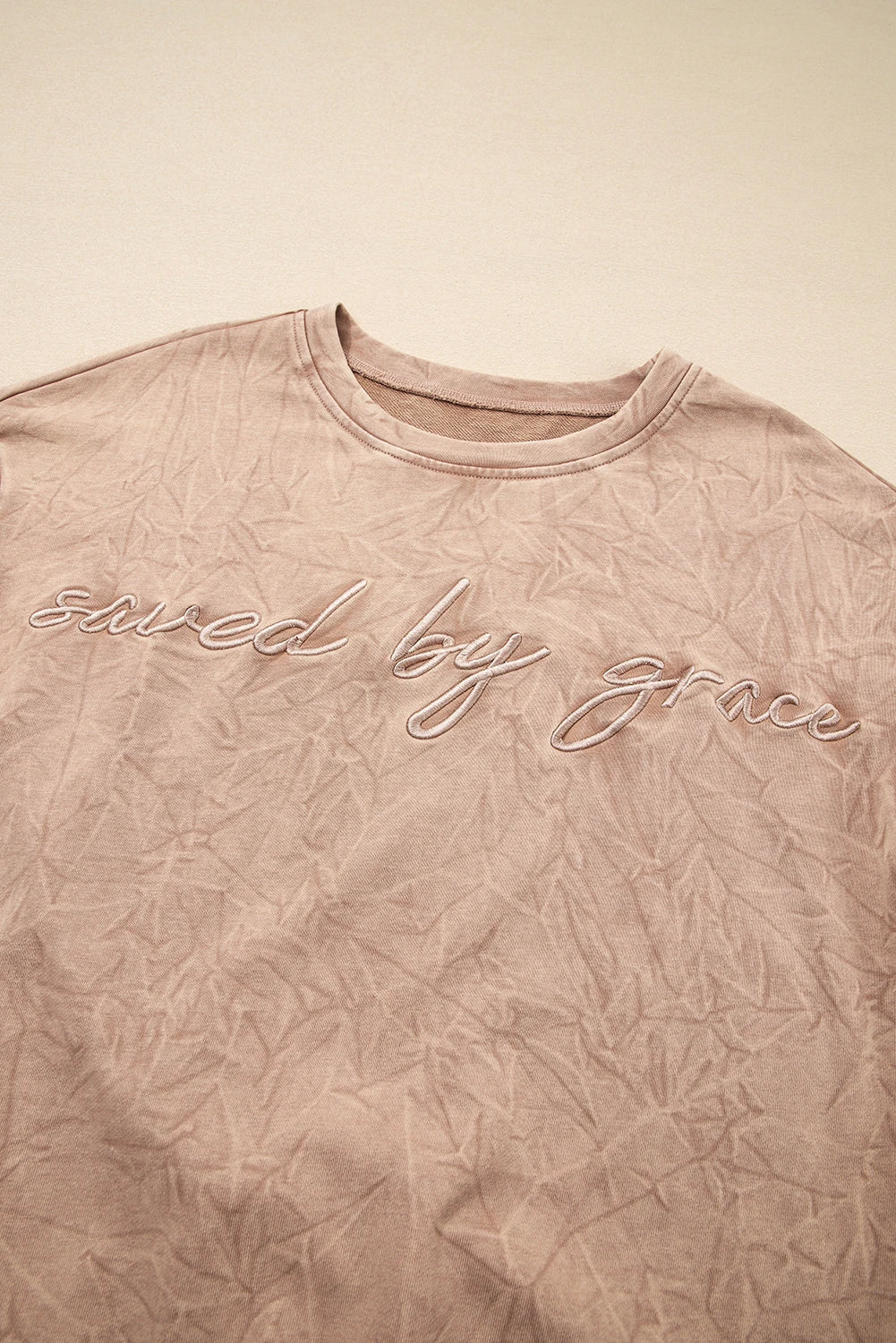 Saved By Grace (Beige) Letter Embroidery Mineral Wash Loose Sweatshirt
