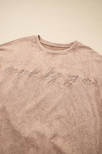 Saved By Grace (Beige) Letter Embroidery Mineral Wash Loose Sweatshirt
