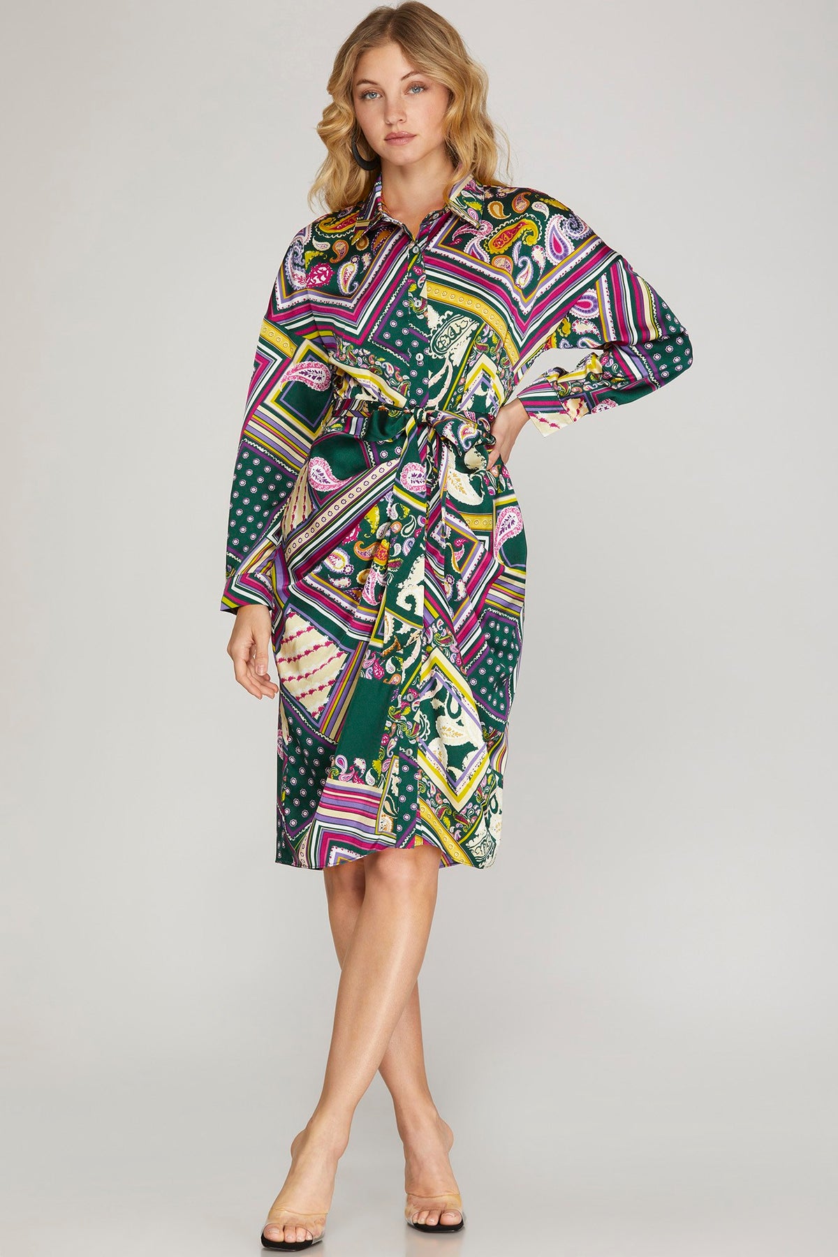 Abby Long Sleeve Satin Multi-Color Midi Dress with Front Tie