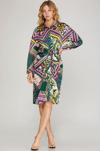 Abby Long Sleeve Satin Multi-Color Midi Dress with Front Tie