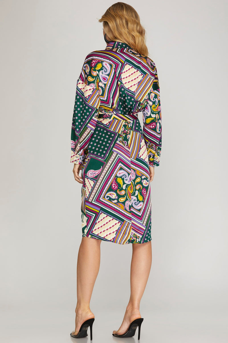 Abby Long Sleeve Satin Multi-Color Midi Dress with Front Tie
