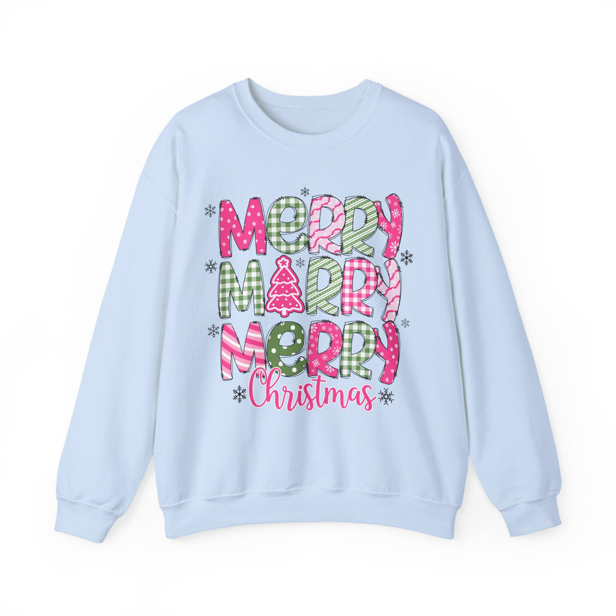 Merry Merry Merry Christmas Festive Candy Cane - Pink and Green – Gildan Heavy Blend | Trendy Women’s Soft Sweatshirt. Direct to Garment. Printed & Shipped in the USA. Unisex Sizes.