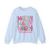 Merry Merry Merry Christmas Festive Candy Cane - Pink and Green – Gildan Heavy Blend | Trendy Women’s Soft Sweatshirt. Direct to Garment. Printed & Shipped in the USA. Unisex Sizes.