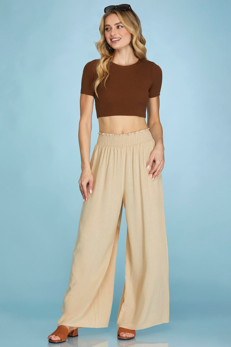 Flowy (Tan) Smocked Waist Woven Pants