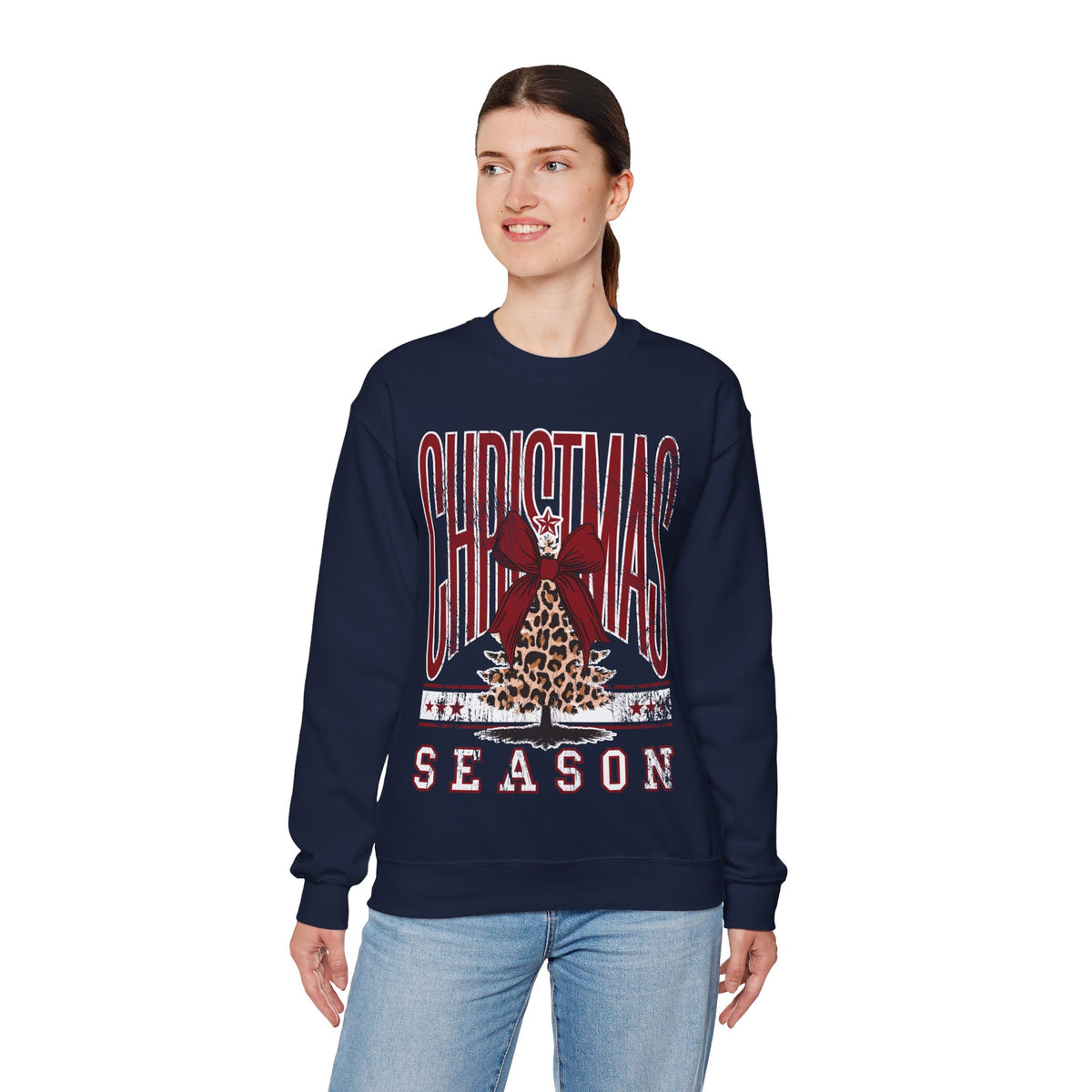 Christmas Season Leopard Tree Distressed – Gildan Heavy Blend | Trendy Women’s Soft Sweatshirt. Direct to Garment. Printed & Shipped in the USA. Unisex Sizes.