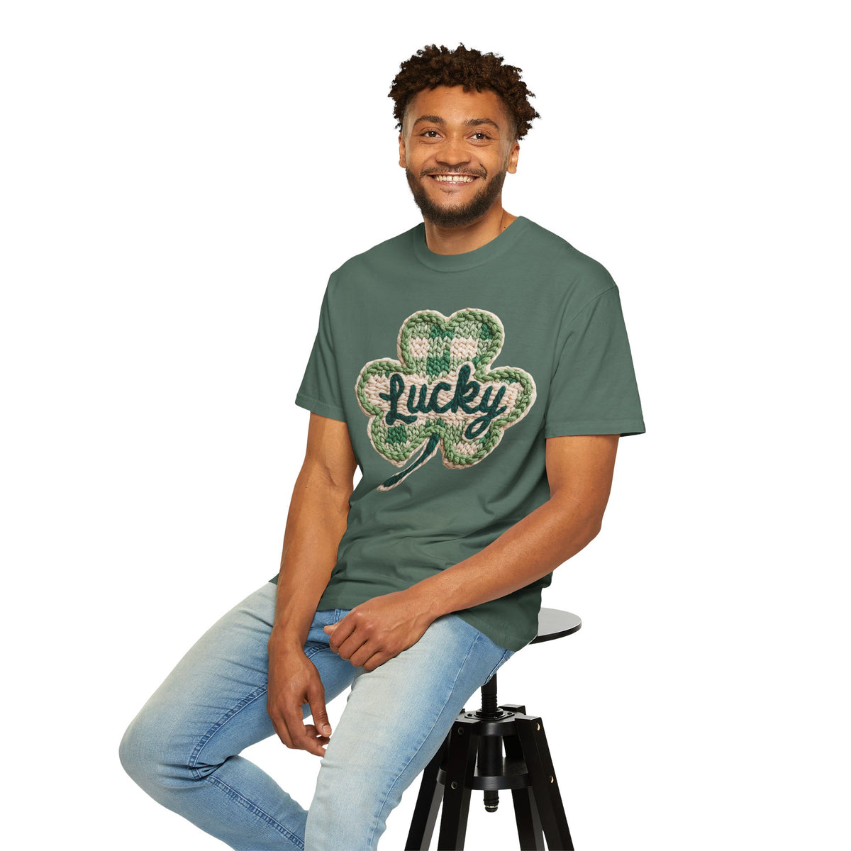 Lucky Shamrock Faux Knit - Comfort Colors | Trendy Men's and Women's T-Shirt. Direct to Garment. Printed & Shipped in the USA. Unisex Sizes.