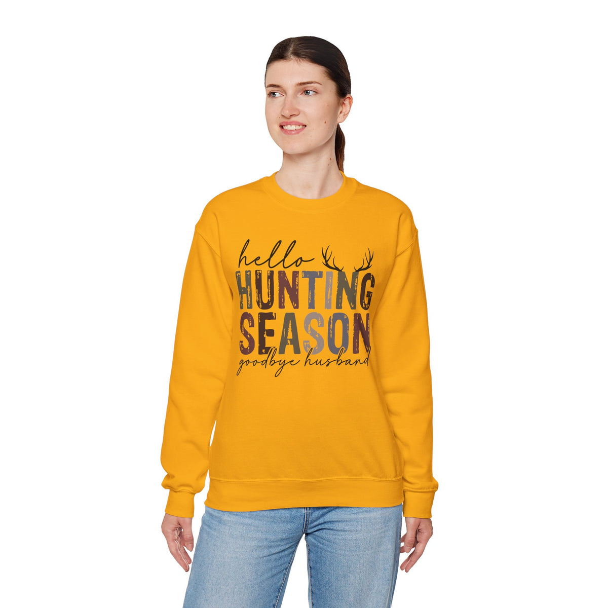 Hello Hunting Season Goodbye Husband Camouflage Wife – Gildan Heavy Blend | Trendy Women’s Soft Sweatshirt. Direct to Garment. Printed & Shipped in the USA. Unisex Sizes.