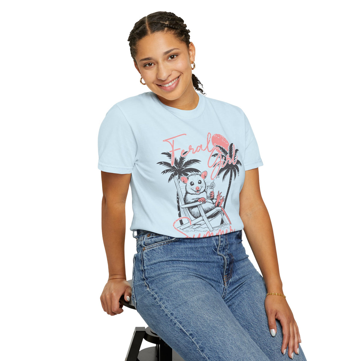 Feral Girl Summer, Possum on a Beach - Comfort Colors | Trendy Women's T-Shirt. Direct to Garment. Printed & Shipped in the USA. Unisex Sizes.