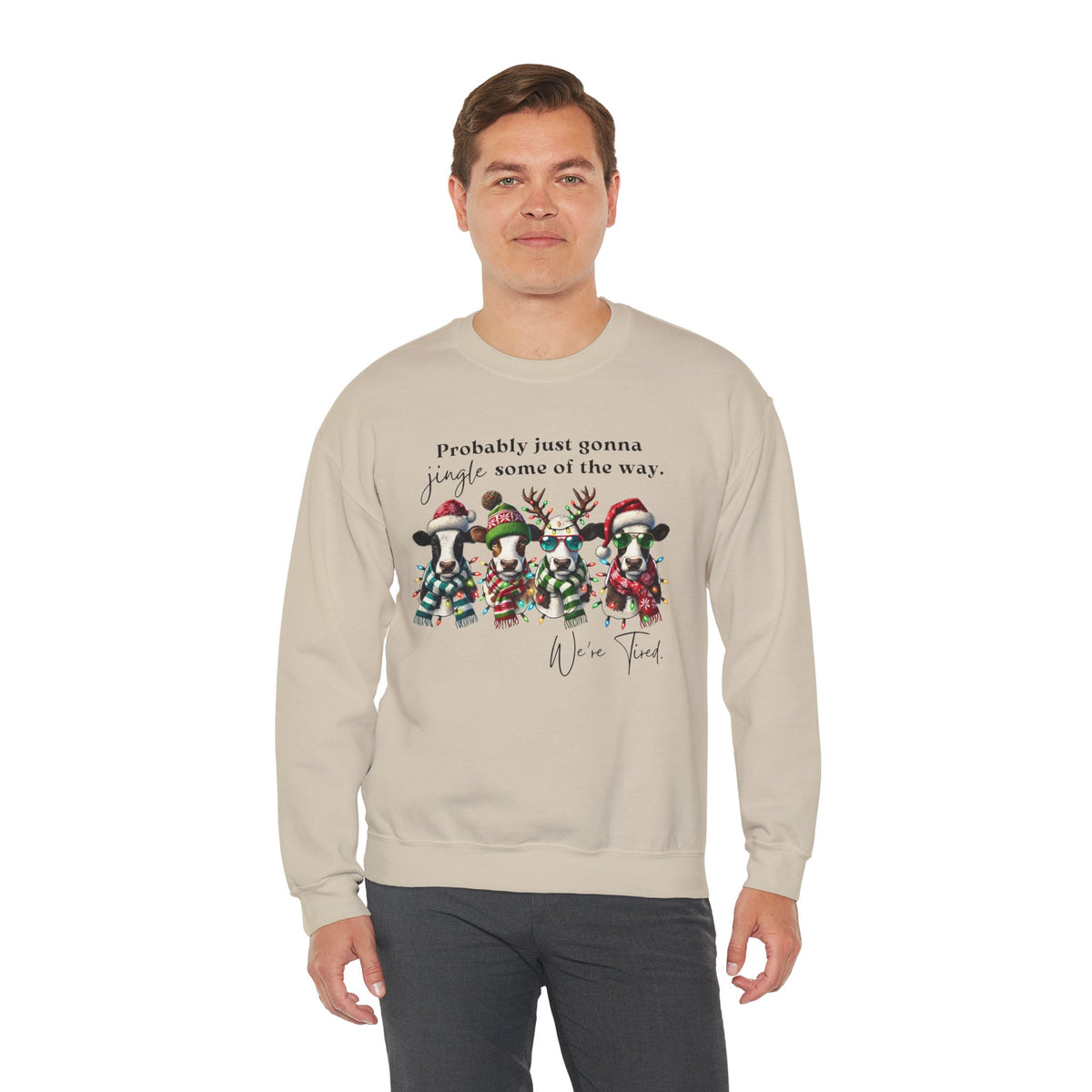 Christmas Cows - Probably Just Gonna Jingle Some Of The Way – Gildan Heavy Blend | Trendy Women’s and Men's Soft Sweatshirt. Direct to Garment. Printed & Shipped in the USA. Unisex Sizes.