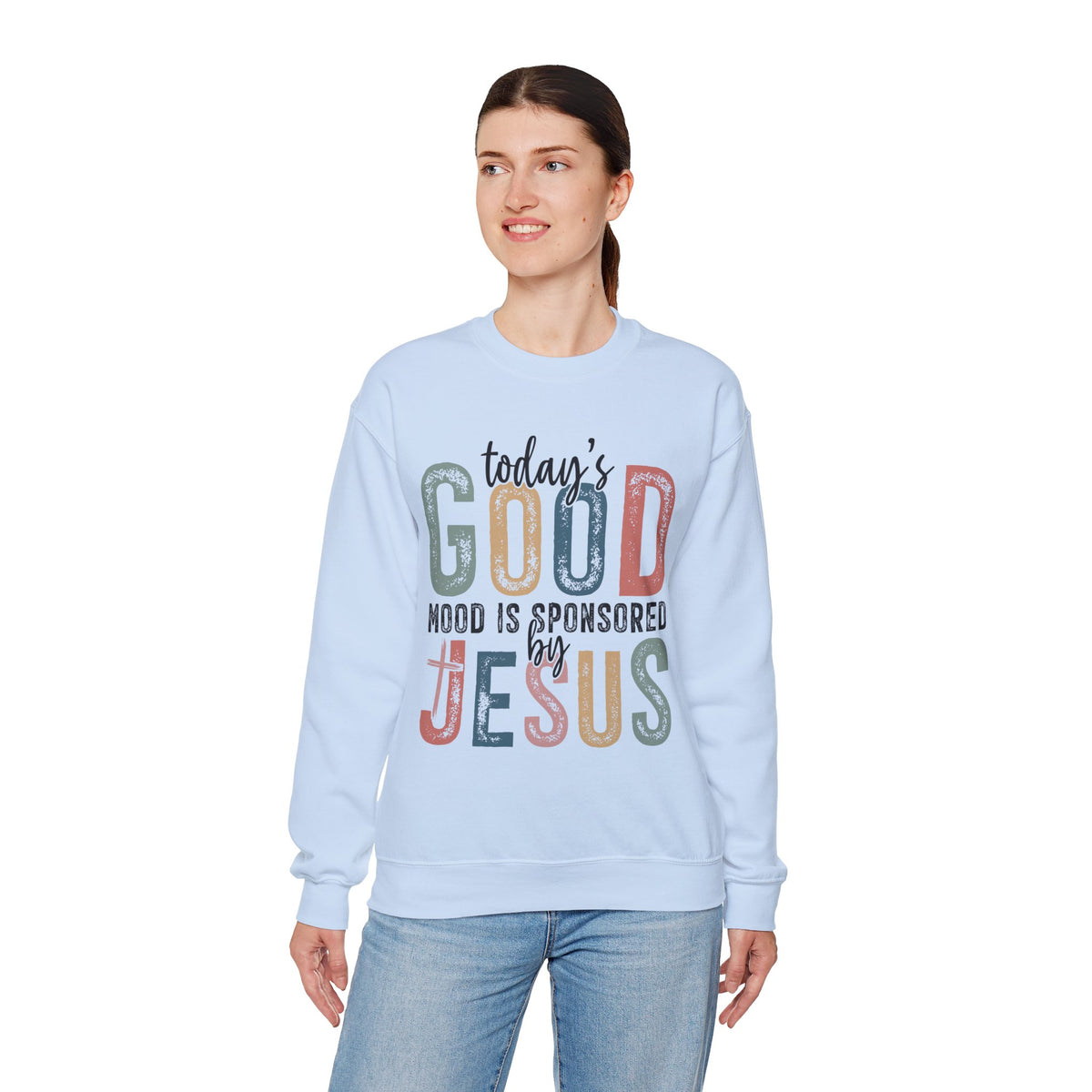Today's Good Mood Sponsored By Jesus, Christian, Faith – Gildan Heavy Blend | Trendy Women’s Soft Sweatshirt. Direct to Garment. Printed & Shipped in the USA. Unisex Sizes.