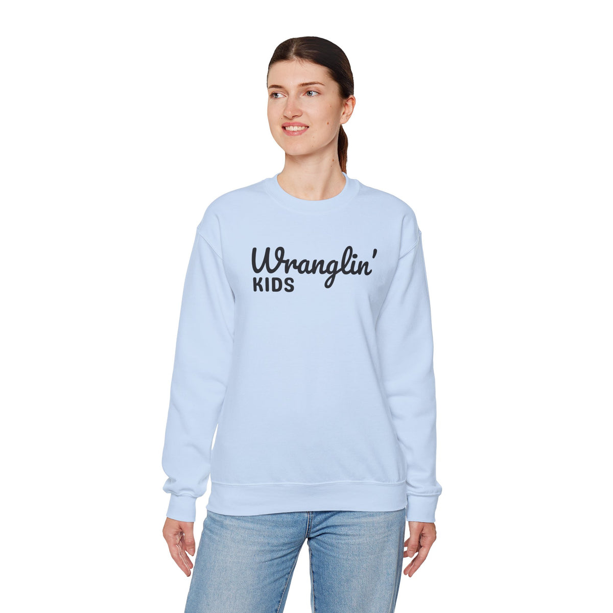 Wranglin' Kids Funny Mom Dad – Gildan Heavy Blend | Trendy Women’s and Men's Soft Sweatshirt. Direct to Garment. Printed & Shipped in the USA. Unisex Sizes.