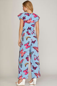 Butterfly Pants Jumpsuit with Ruffled Top & Side Tie - Light Blue