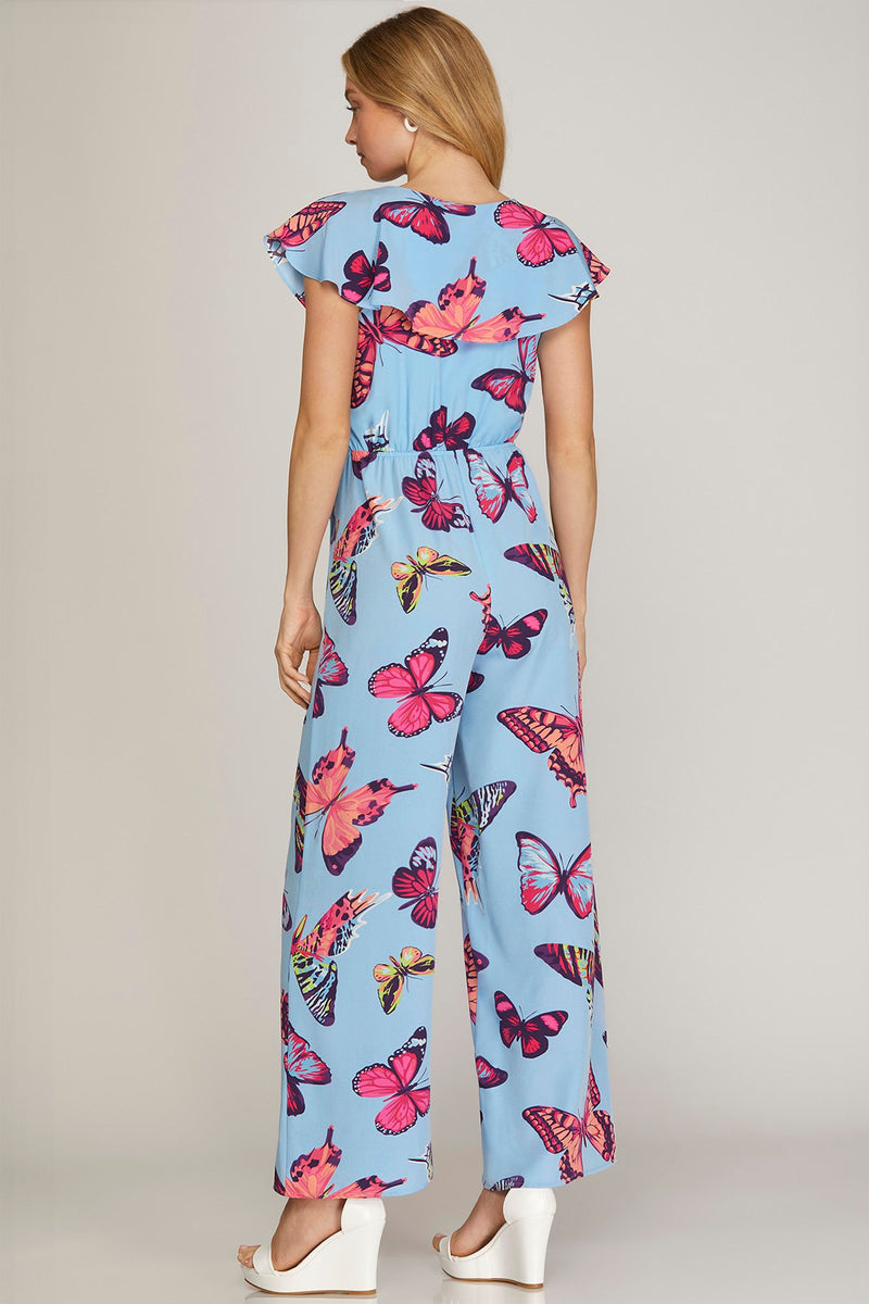 Butterfly Pants Jumpsuit with Ruffled Top & Side Tie - Light Blue