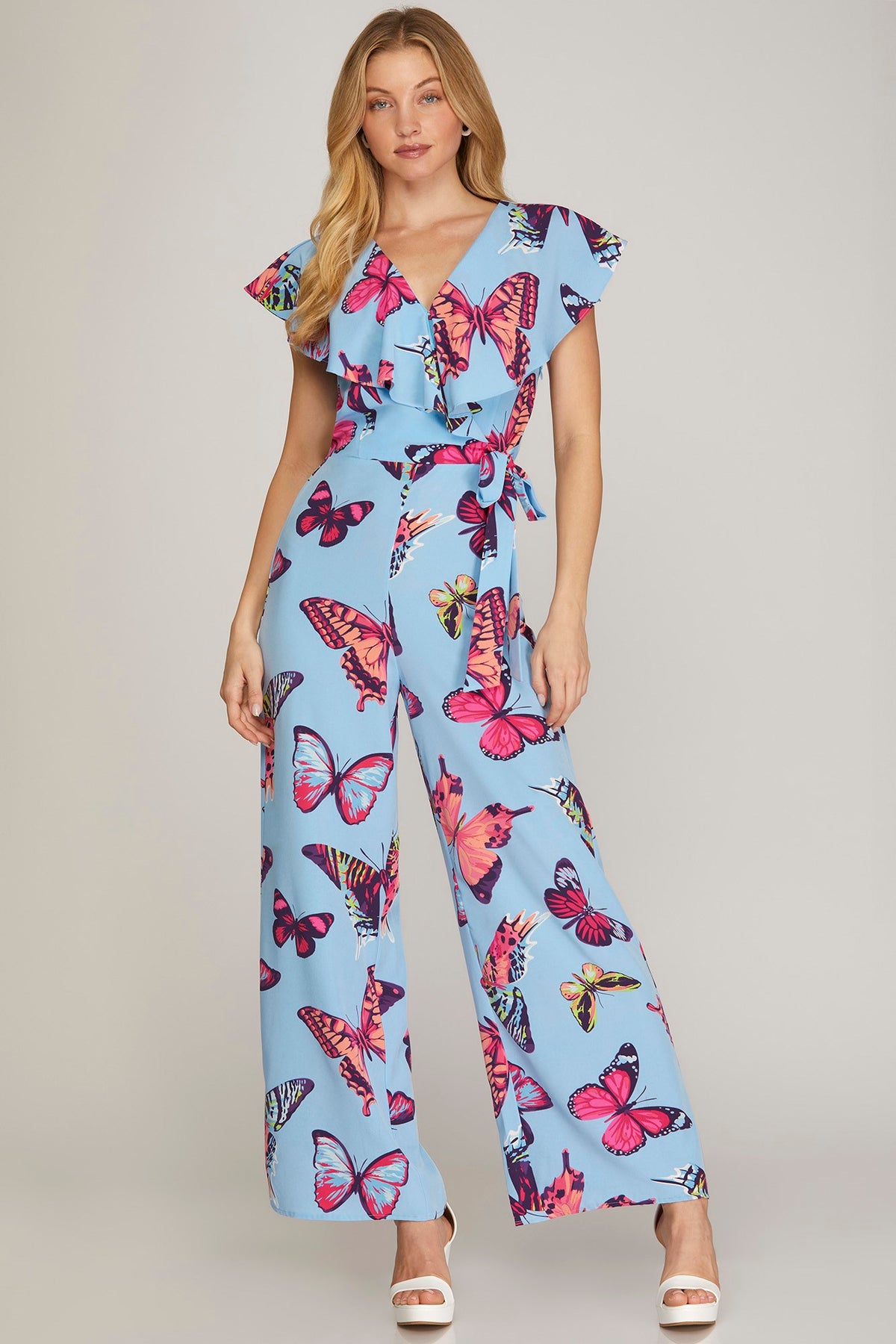 Butterfly Pants Jumpsuit with Ruffled Top & Side Tie - Light Blue