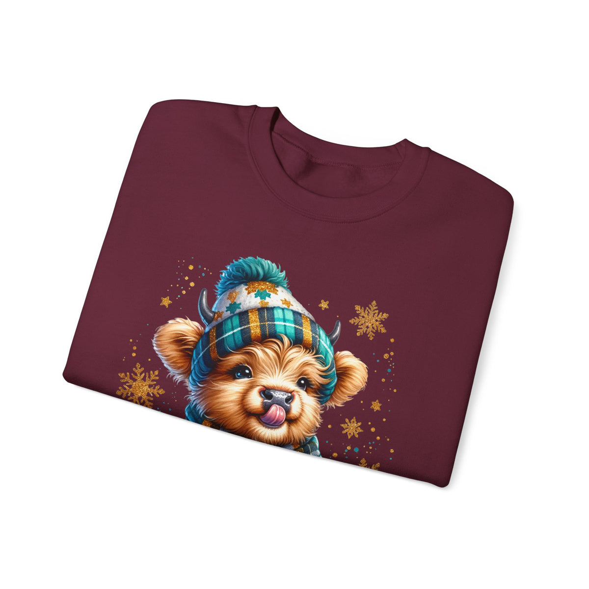 Winter Baby Highland Cow with Cocoa – Gildan Heavy Blend | Trendy Women’s Soft Sweatshirt. Direct to Garment. Printed & Shipped in the USA. Unisex Sizes.