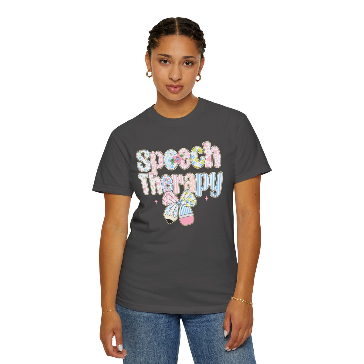 Speech Therapy - Pink Blue Coquette - Comfort Colors | Trendy Women's T-Shirt. Direct to Garment. Printed & Shipped in the USA. Unisex Sizes.