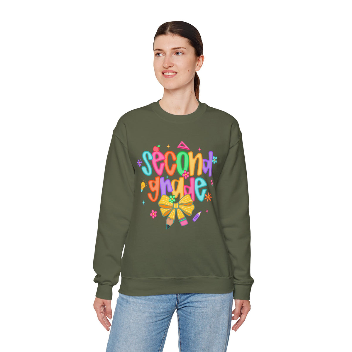 Coquette Second Grade Pencil Bow – Gildan Heavy Blend | Trendy Women’s Soft Sweatshirt. Direct to Garment. Printed & Shipped in the USA. Unisex Sizes.