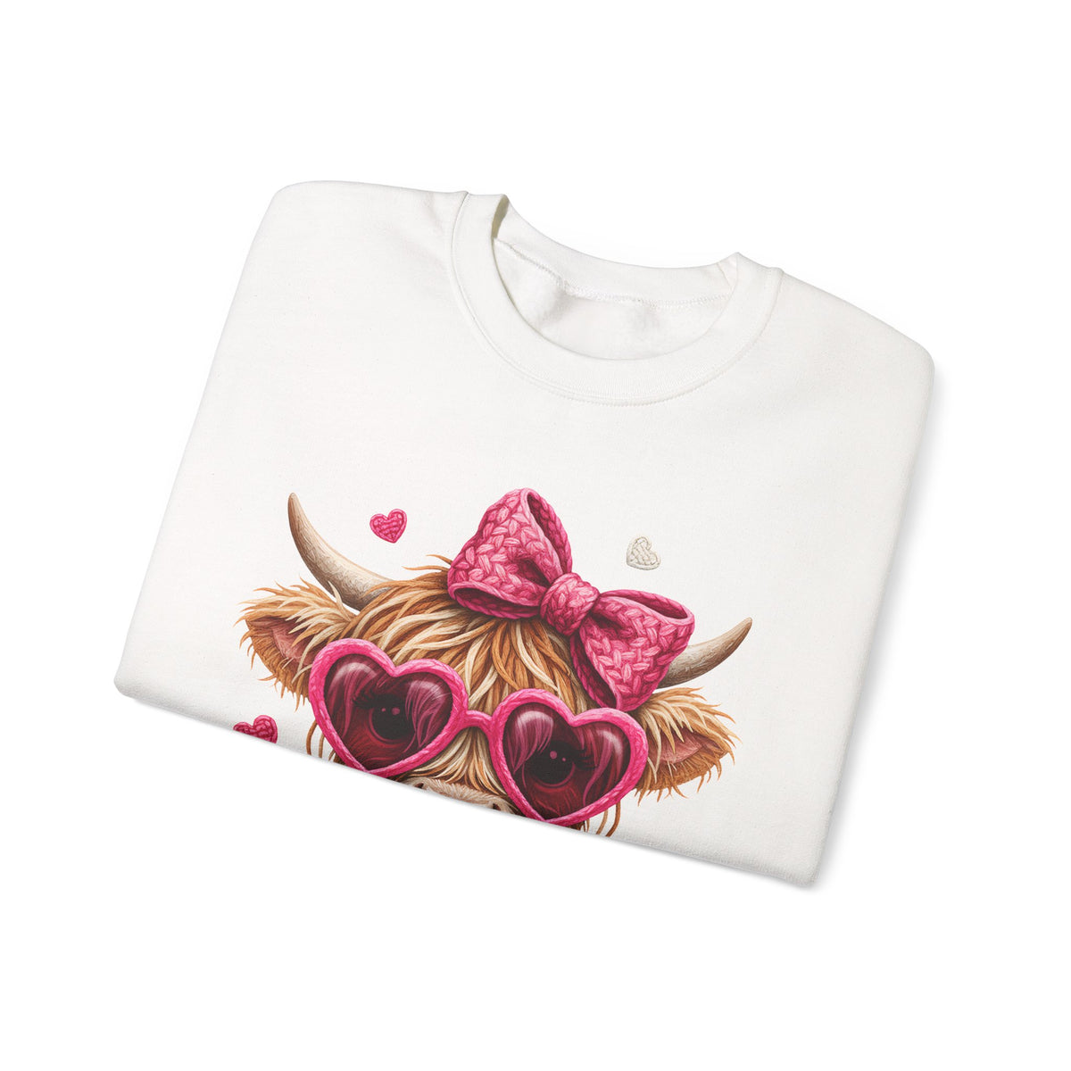 Highland Cow - Pink Heart Shaped Glasses – Gildan Heavy Blend | Trendy Women’s Soft Sweatshirt. Direct to Garment. Printed & Shipped in the USA. Unisex Sizes.