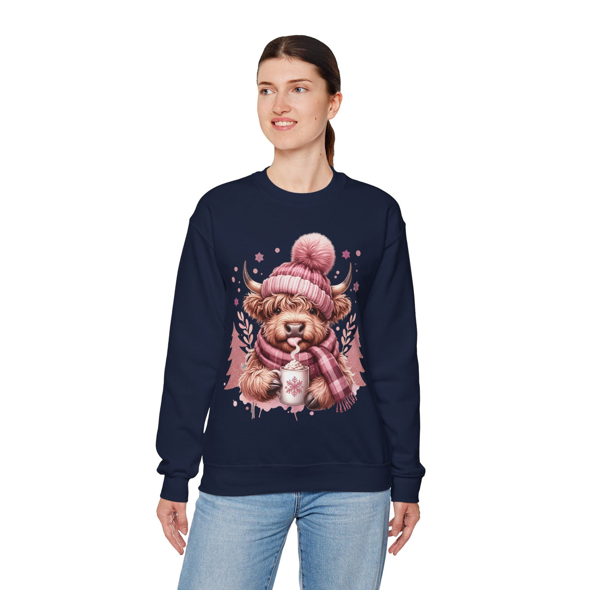 Cozy Highland Cow, Winter Coffee Mug & Scarf Pink – Gildan Heavy Blend | Trendy Women’s Soft Sweatshirt. Direct to Garment. Printed & Shipped in the USA. Unisex Sizes.