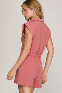 Textured (Pink) Front Zip Shorts Romper with Pockets
