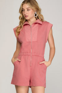 Textured (Pink) Front Zip Shorts Romper with Pockets