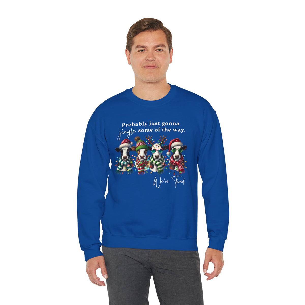 Christmas Cows - Probably Just Gonna Jingle Some Of The Way – Gildan Heavy Blend | Trendy Women’s and Men's Soft Sweatshirt. Direct to Garment. Printed & Shipped in the USA. Unisex Sizes.